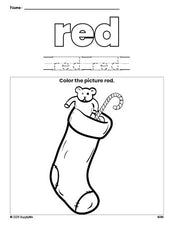 Free Christmas stocking color red coloring page and color worksheet, red worksheet for preschoolers to learn colors, printable PDF