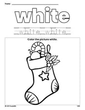 Free Christmas stocking color white coloring page and color worksheet, white worksheet for preschoolers to learn colors, printable PDF