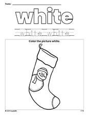 Free Christmas stocking color white coloring page and color worksheet, white worksheet for preschoolers to learn colors, printable PDF