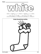 Free Christmas stocking color white coloring page and color worksheet, white worksheet for preschoolers to learn colors, printable PDF