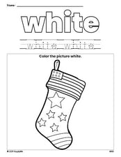 Free Christmas stocking color white coloring page and color worksheet, white worksheet for preschoolers to learn colors, printable PDF