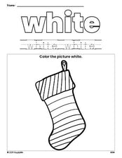 Free Christmas stocking color white coloring page and color worksheet, white worksheet for preschoolers to learn colors, printable PDF