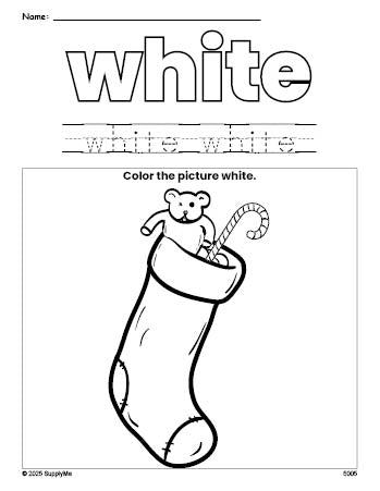 Free Christmas stocking color white coloring page and color worksheet, white worksheet for preschoolers to learn colors, printable PDF