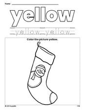 Free Christmas stocking color yellow coloring page and color worksheet, yellow worksheet for preschoolers to learn colors, printable PDF