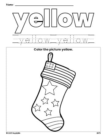 Free Christmas stocking color yellow coloring page and color worksheet, yellow worksheet for preschoolers to learn colors, printable PDF