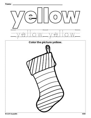 Free Christmas stocking color yellow coloring page and color worksheet, yellow worksheet for preschoolers to learn colors, printable PDF