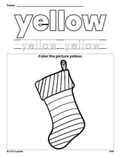 Free Christmas stocking color yellow coloring page and color worksheet, yellow worksheet for preschoolers to learn colors, printable PDF