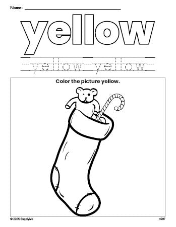 Free Christmas stocking color yellow coloring page and color worksheet, yellow worksheet for preschoolers to learn colors, printable PDF