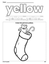 Free Christmas stocking color yellow coloring page and color worksheet, yellow worksheet for preschoolers to learn colors, printable PDF