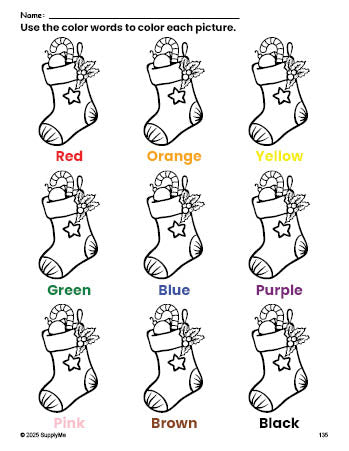 Free Christmas stocking coloring page and color worksheet for preschoolers to learn colors, printable PDF