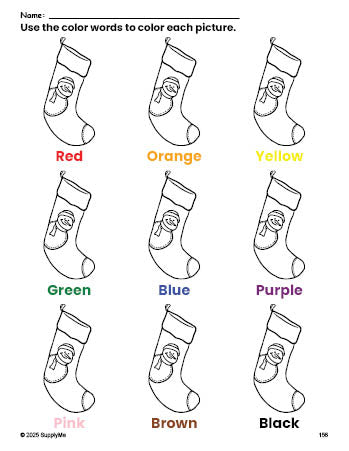 Free Christmas stocking coloring page and color worksheet for preschoolers to learn colors, printable PDF