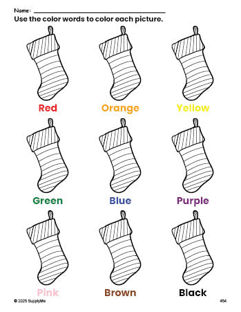 Free Christmas stocking coloring page and color worksheet for preschoolers to learn colors, printable PDF