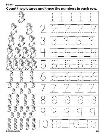 Free printable Christmas stocking counting worksheet for preschool and pre-k with number tracing practice 1-10, PDF