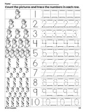 Free printable Christmas stocking counting worksheet for preschool and pre-k with number tracing practice 1-10, PDF