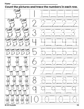 Free printable Christmas stocking counting worksheet for preschool and pre-k with number tracing practice 1-10, PDF