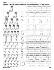 Free printable Christmas stocking counting worksheet for preschool and pre-k with number tracing practice 1-10, PDF