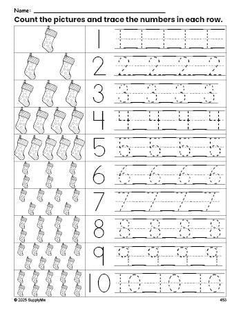 Free printable Christmas stocking counting worksheet for preschool and pre-k with number tracing practice 1-10, PDF