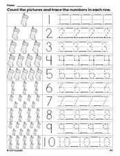 Free printable Christmas stocking counting worksheet for preschool and pre-k with number tracing practice 1-10, PDF