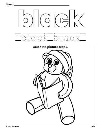 Free Christmas teddy bear color black coloring page and color worksheet, black worksheet for preschoolers to learn colors, printable PDF