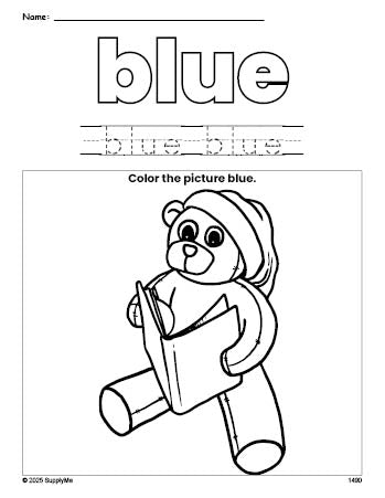 Free Christmas teddy bear color blue coloring page and color worksheet, blue worksheet for preschoolers to learn colors, printable PDF