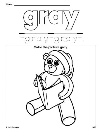 Free Christmas teddy bear color gray coloring page and color worksheet, gray worksheet for preschoolers to learn colors, printable PDF