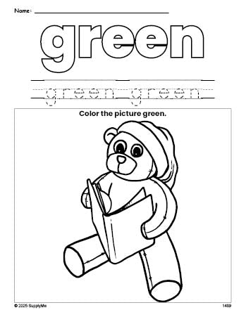 Free Christmas teddy bear color green coloring page and color worksheet, green worksheet for preschoolers to learn colors, printable PDF