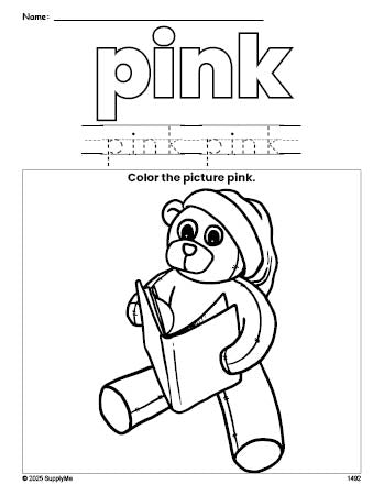 Free Christmas teddy bear color pink coloring page and color worksheet, pink worksheet for preschoolers to learn colors, printable PDF