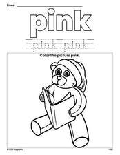 Free Christmas teddy bear color pink coloring page and color worksheet, pink worksheet for preschoolers to learn colors, printable PDF