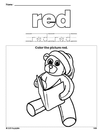 Free Christmas teddy bear color red coloring page and color worksheet, red worksheet for preschoolers to learn colors, printable PDF