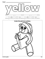 Free Christmas teddy bear color yellow coloring page and color worksheet, yellow worksheet for preschoolers to learn colors, printable PDF