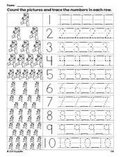 Free printable Christmas teddy bear counting worksheet for preschool and pre-k with number tracing practice 1-10, PDF