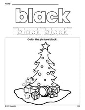 Free Christmas tree color black coloring page and color worksheet, black worksheet for preschoolers to learn colors, printable PDF