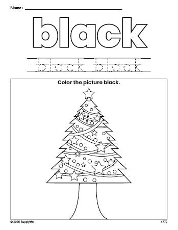 Free Christmas tree color black coloring page and color worksheet, black worksheet for preschoolers to learn colors, printable PDF