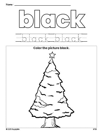 Free Christmas tree color black coloring page and color worksheet, black worksheet for preschoolers to learn colors, printable PDF