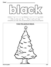 Free Christmas tree color black coloring page and color worksheet, black worksheet for preschoolers to learn colors, printable PDF