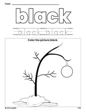 Free Christmas tree color black coloring page and color worksheet, black worksheet for preschoolers to learn colors, printable PDF