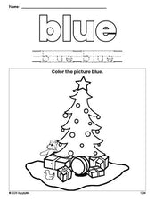 Free Christmas tree color blue coloring page and color worksheet, blue worksheet for preschoolers to learn colors, printable PDF