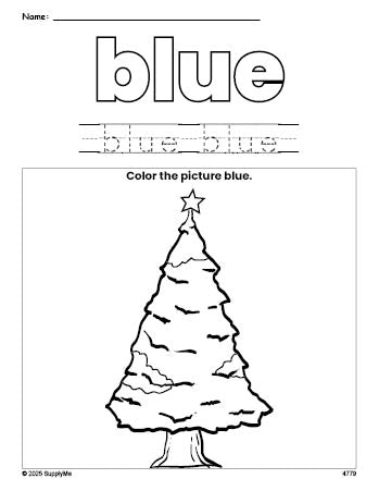 Free Christmas tree color blue coloring page and color worksheet, blue worksheet for preschoolers to learn colors, printable PDF