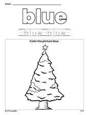 Free Christmas tree color blue coloring page and color worksheet, blue worksheet for preschoolers to learn colors, printable PDF