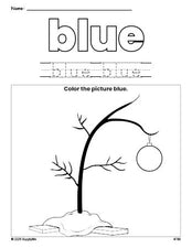 Free Christmas tree color blue coloring page and color worksheet, blue worksheet for preschoolers to learn colors, printable PDF