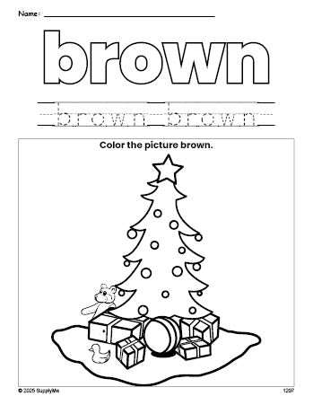 Free Christmas tree color brown coloring page and color worksheet, brown worksheet for preschoolers to learn colors, printable PDF