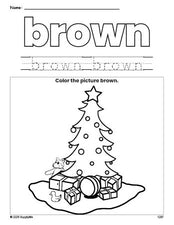 Free Christmas tree color brown coloring page and color worksheet, brown worksheet for preschoolers to learn colors, printable PDF