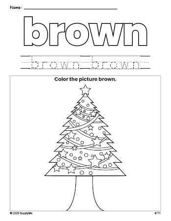 Free Christmas tree color brown coloring page and color worksheet, brown worksheet for preschoolers to learn colors, printable PDF