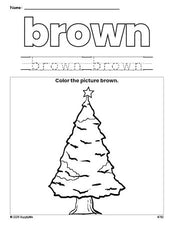 Free Christmas tree color brown coloring page and color worksheet, brown worksheet for preschoolers to learn colors, printable PDF