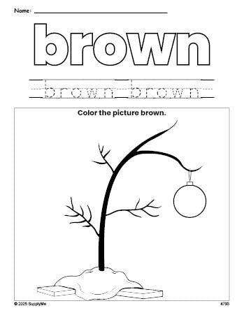 Free Christmas tree color brown coloring page and color worksheet, brown worksheet for preschoolers to learn colors, printable PDF