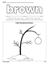 Free Christmas tree color brown coloring page and color worksheet, brown worksheet for preschoolers to learn colors, printable PDF