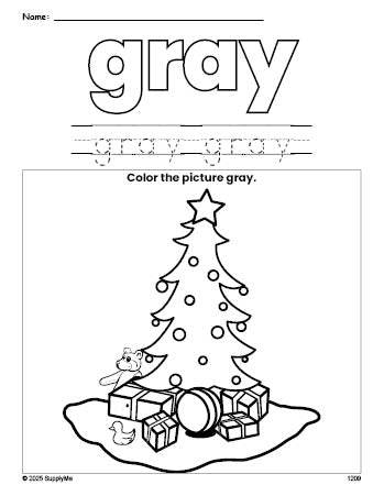 Free Christmas tree color gray coloring page and color worksheet, gray worksheet for preschoolers to learn colors, printable PDF