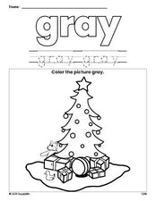 Free Christmas tree color gray coloring page and color worksheet, gray worksheet for preschoolers to learn colors, printable PDF