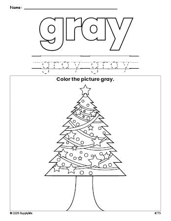 Free Christmas tree color gray coloring page and color worksheet, gray worksheet for preschoolers to learn colors, printable PDF