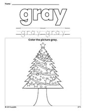 Free Christmas tree color gray coloring page and color worksheet, gray worksheet for preschoolers to learn colors, printable PDF